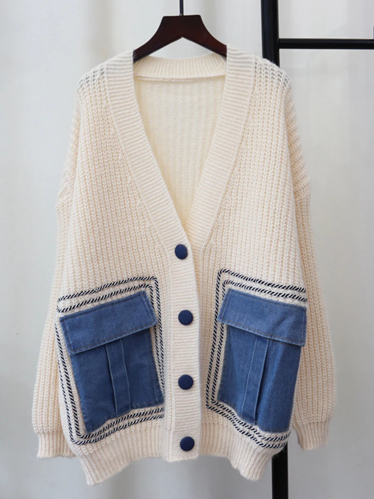 GVUW вязаный джинсовый свитер женский с v-образным вырезом нишевый дизайн