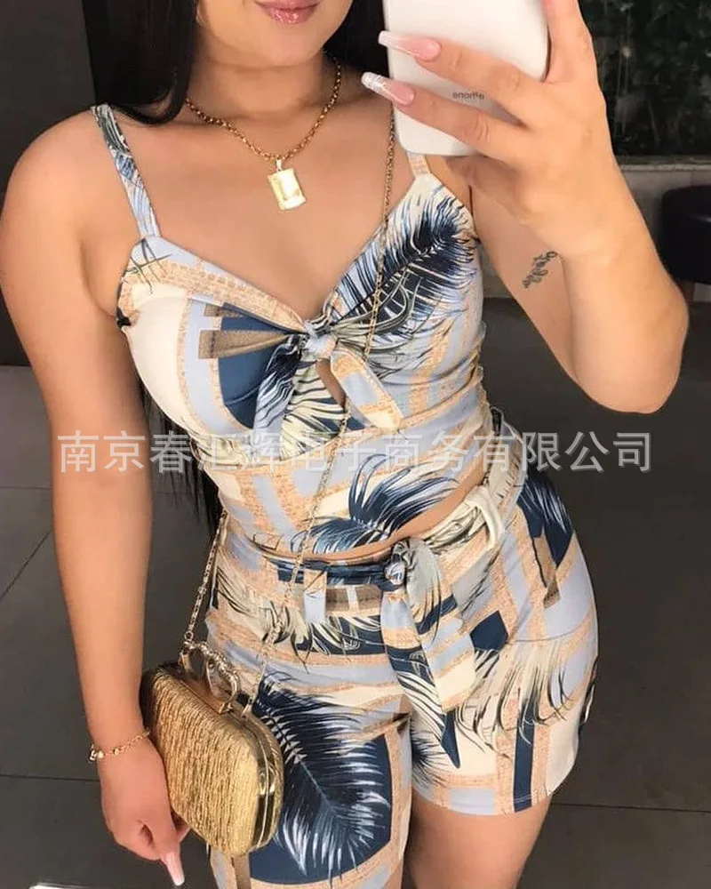 

Suspender Top + Shorts Suit-with Belt Woman Sexy Sling 2 Pieces Set Elegant Bohemia Printing Sets Fashion Casual2022 Summer
