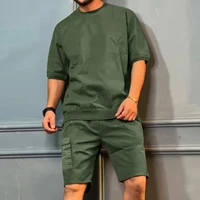summer mens tracksuit solid 2 piece set 2022 new casual top tee cargo shorts sets mens fashion loose sport jogging suit clothing