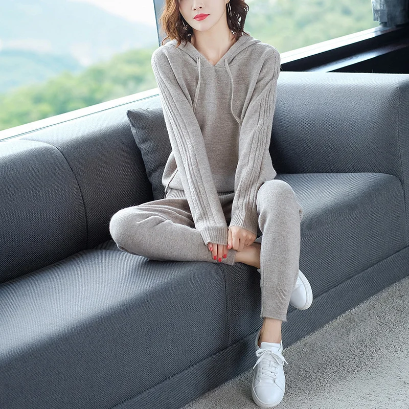 Autumn Winter Knitted Tracksuit Sweater Women Set Casual Clothes 2 Pieces Knit Hoodies Sweatshirts Top Pants Suits Size XXXL