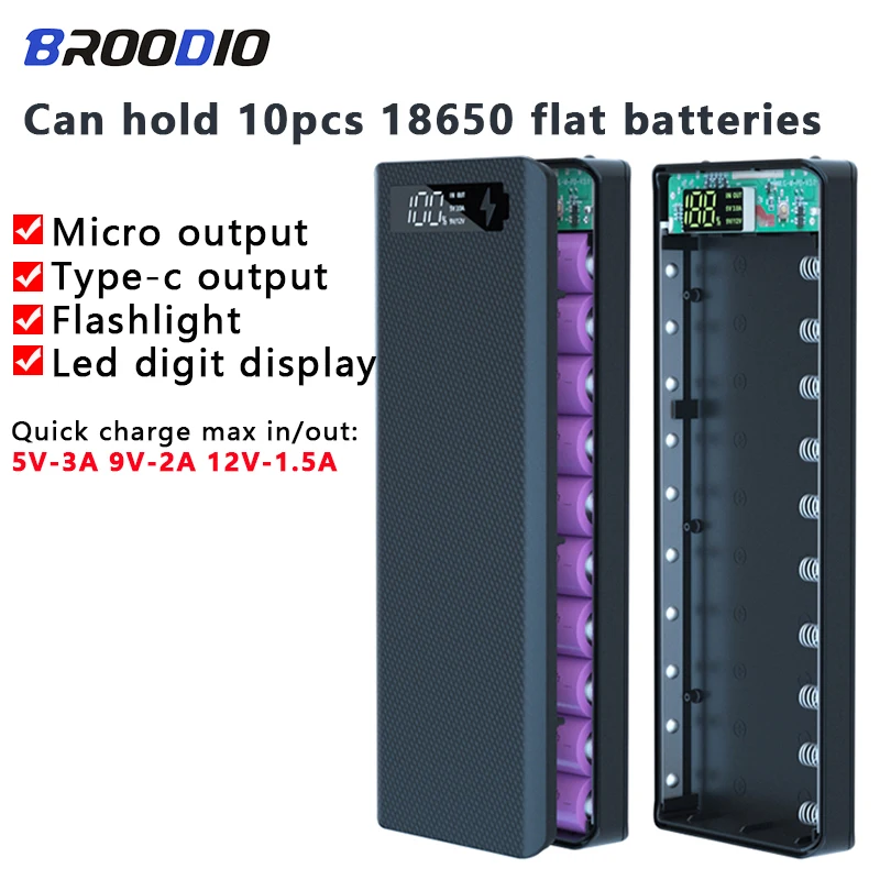 

QC3.0 Fast Charge 10×18650 Batteries Power Bank Case Removable DIY Mobile Power Bank Shell Kit 10Pcs 18650 Battery Storage Boxes
