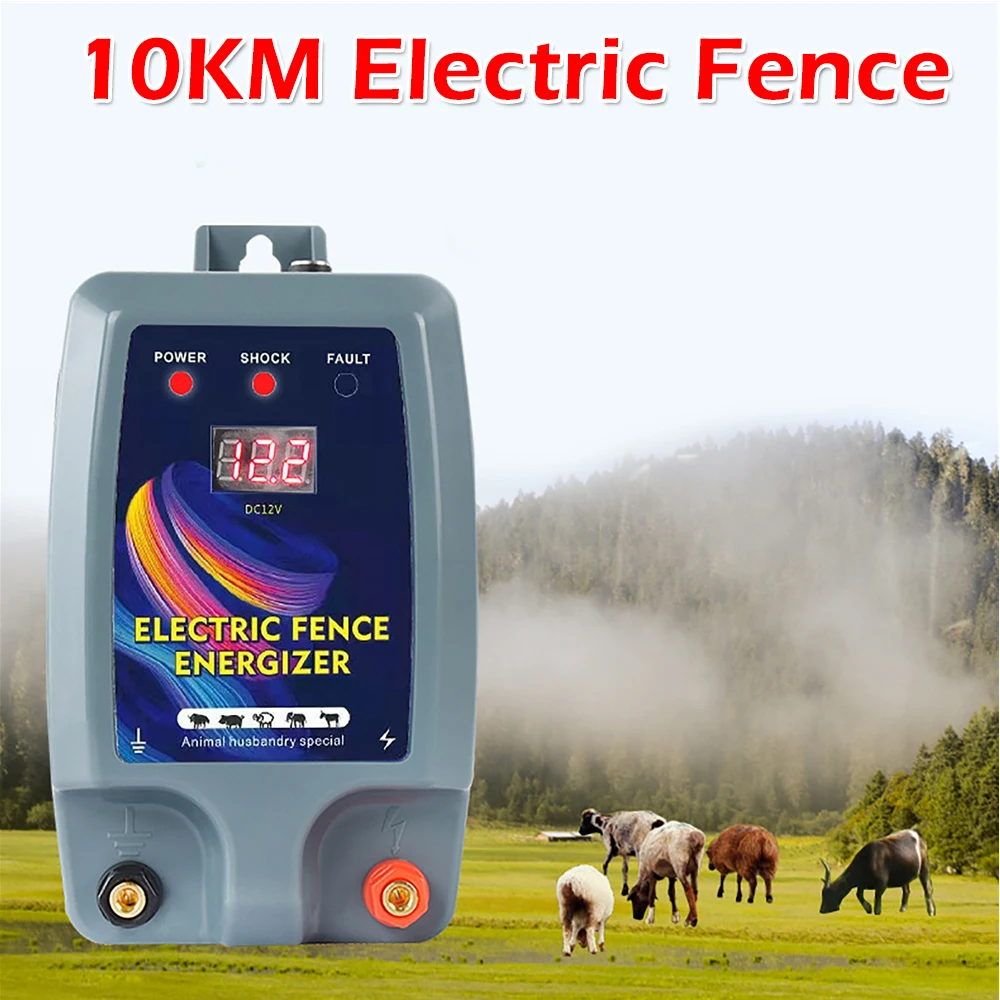 

10KM Electric Fence Energizer Controller Animal Horse Cattle Sheep Farm Digital Display Electric Shepherd Alert Livestock Tool