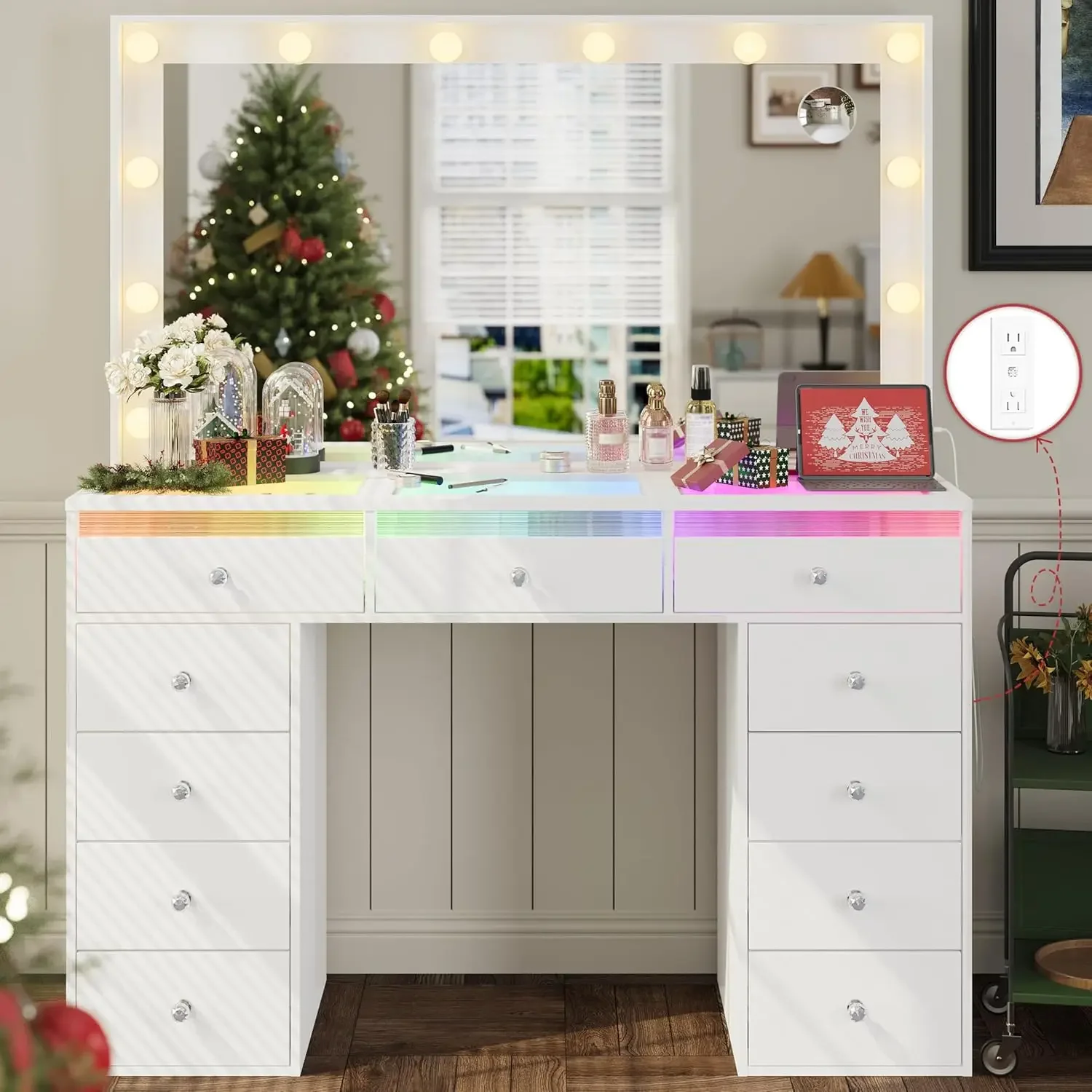 Фото Туалетный столик с RGB-подсветкой и большим зеркалом 36,9 дюйма, 11 ящиков, стеклянная столешница и 3-цветные голливудские лампы, для макияжа №1