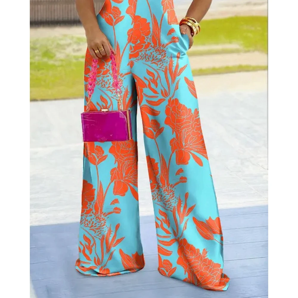 2023 Women Summer Floral Print Wide Leg Jumpsuit Casual Fashion Femme Elegant Lady Thick Strap Pocket Daily Jumpsuts Robe Femme