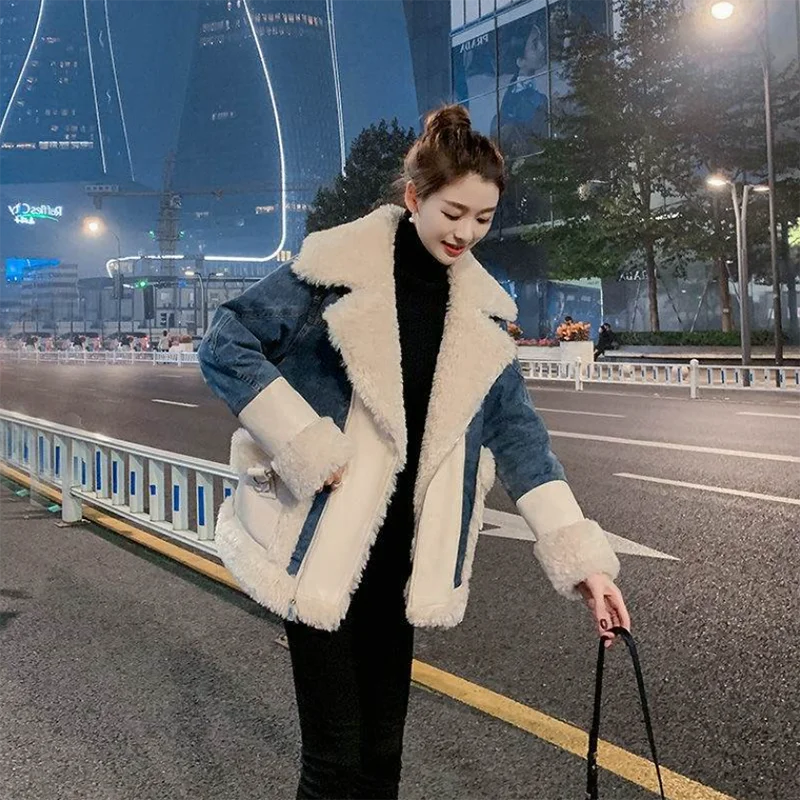 

Autumn Winter 2023 New Lambswool Stitching Jeans Jackets Women's Overcoat Elegant Long Loose Cashmere Warm Parka Denim Jacket