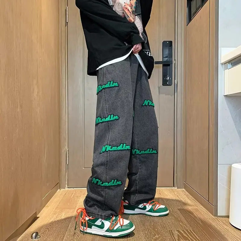 DEEPTOWN Embroidered Straight Jeans Men Retro Y2K Loose Denim Pants Casual Hip Hop Trousers Male Streetwear Fashion Spring
