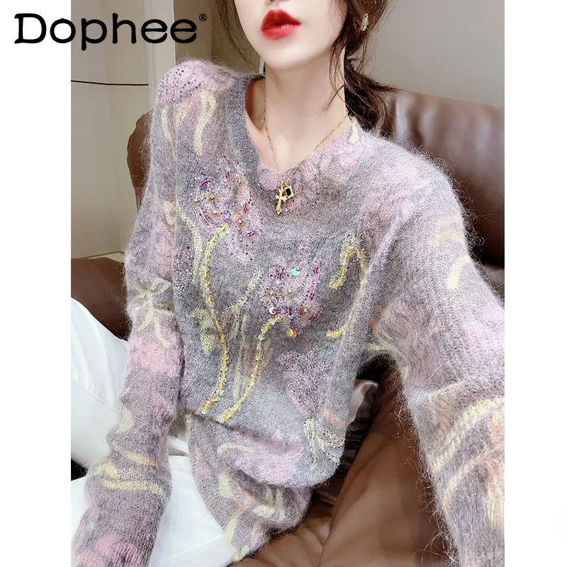 European Gradient Wool Sweater Women 2022 Autumn Winter New Embroidery Hot Drilling Sequined Loose Soft Glutinous Mohair Sweater