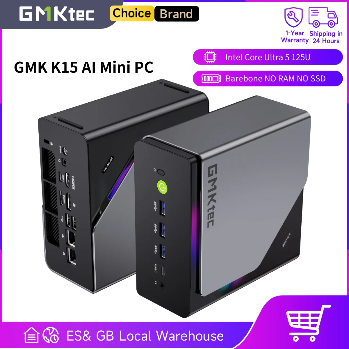 GMKtec K15 Mini PC Intel Core Ultra5 125U AI Barebone NO RAM NO SSD NO OS Support DDR5 NPU WIFI6E BT5.2 Desktop Gaming Computer
