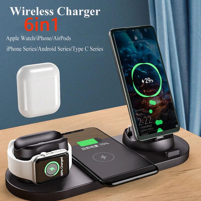 

Беспроводное зарядное устройство 6 в 1 для часов, гарнитуры, телефона, кронштейна, быстрая зарядка iPhone 12 11 X XR Mirco Typ-c Samsung Galaxy AirPods Pro