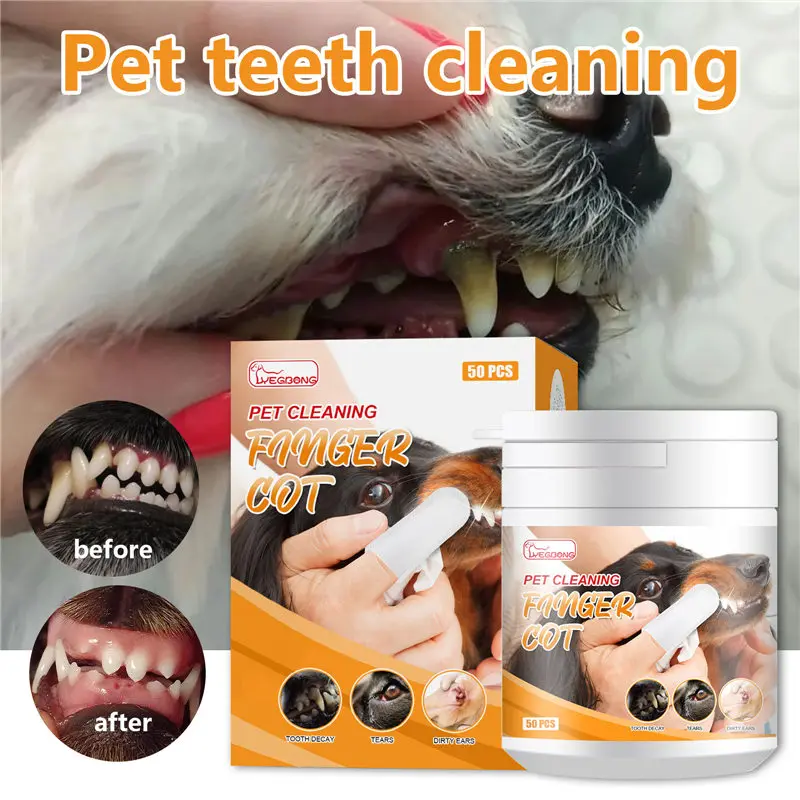 

50pcs Pet Finger Cot Type Cleansing Wipes For Cats Dogs Teeth Cleaning Fresh Breath To Remove Tartar Stain Pet Cleaning Products