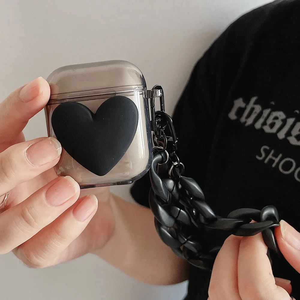 

Clear Black Heart Cool Case For AirPods 3 2 Cute Transparent Cover with Retro Chain Keyring Earphone Case Funda For Airpod Strap