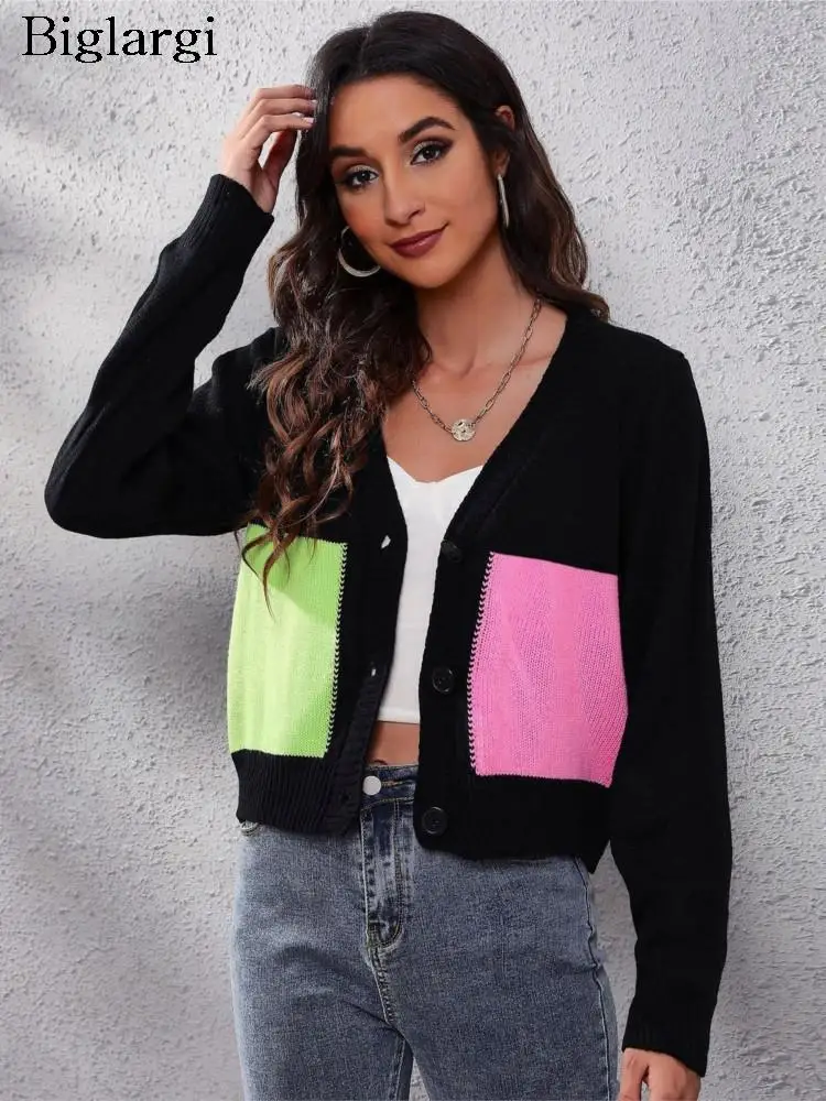

Knitted Autumn Sweater Coat Women Long Sleeve Plaid Print Ladies Cropped Cardigans Casual Loose Fashion Woman Coat 2023