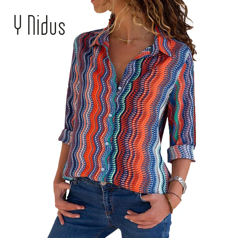 Женская шифоновая блузка с цветочным принтом длинным рукавом и V-образным