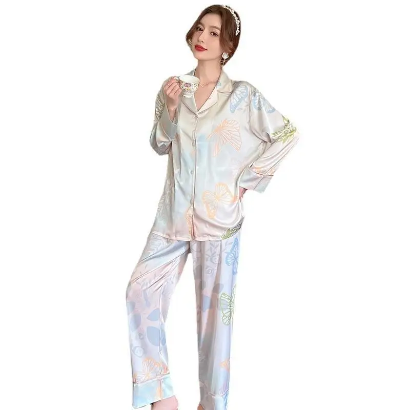 New pajamas women's long-sleeved trousers personalized printing silk wholesale pajamas for women