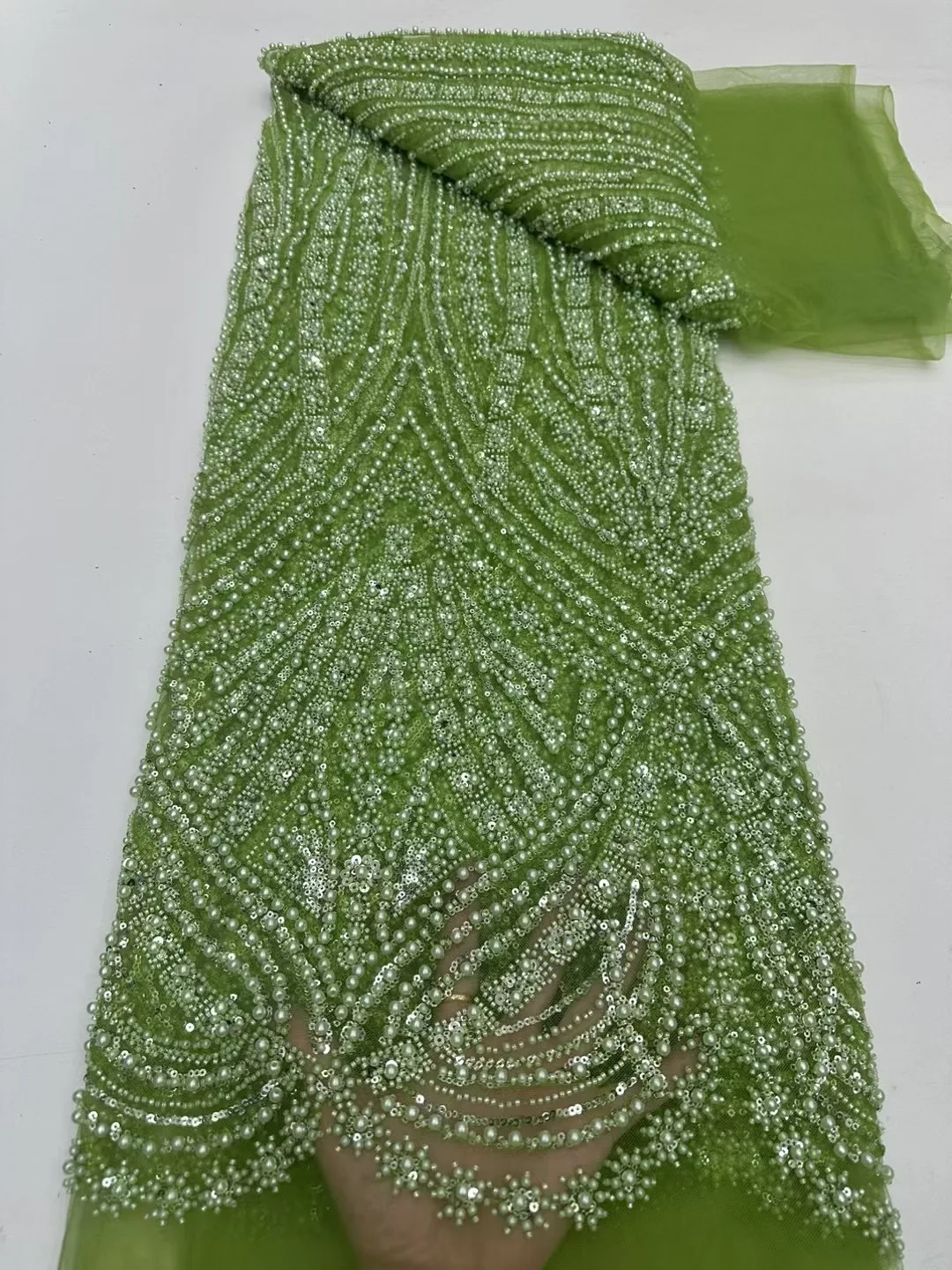 Высококачественная кружевная ткань с бисером для свадебной ткани белое