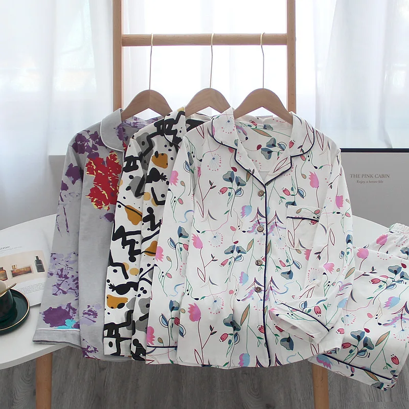 Ladies Pure Cotton Simple Floral Loose Pajamas Cover Printing Long-sleeved Home Service Two-piece Set Pyjamas Women