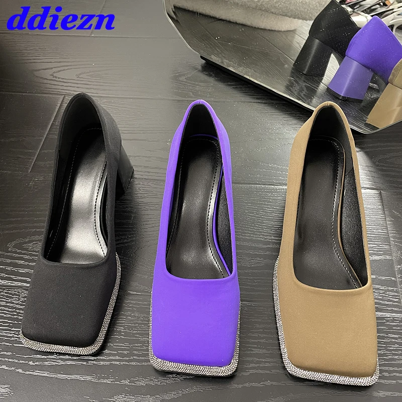 

2023 Spring Summer Fashion Silk Ladies High Heels Shoes Bling Female Sandals Rhinestones Square Toe Women Pumps Shoes Slides
