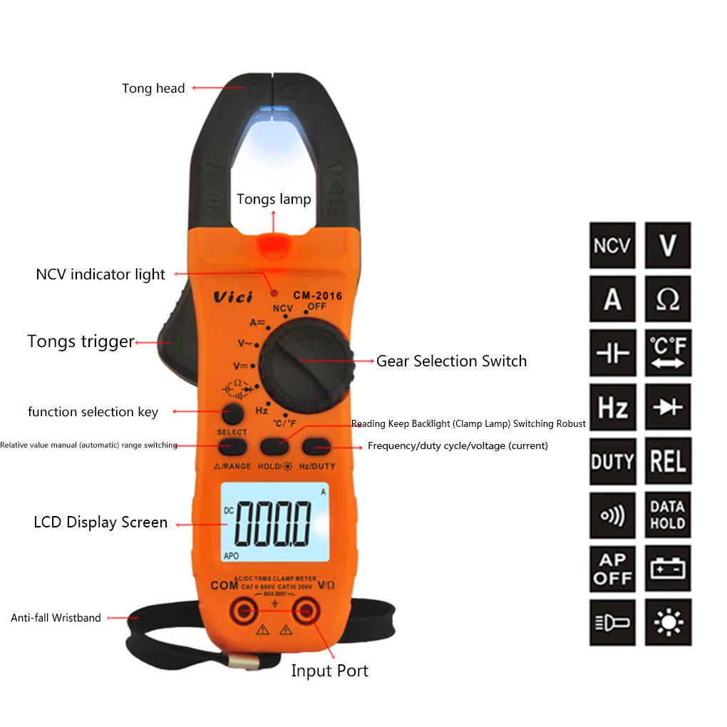 

CM2016 Digital Clamp Meter Current Clamp Multimeter AC DC Voltage Current Ohm Temperature Capacitance Resistance Ammeter Tester