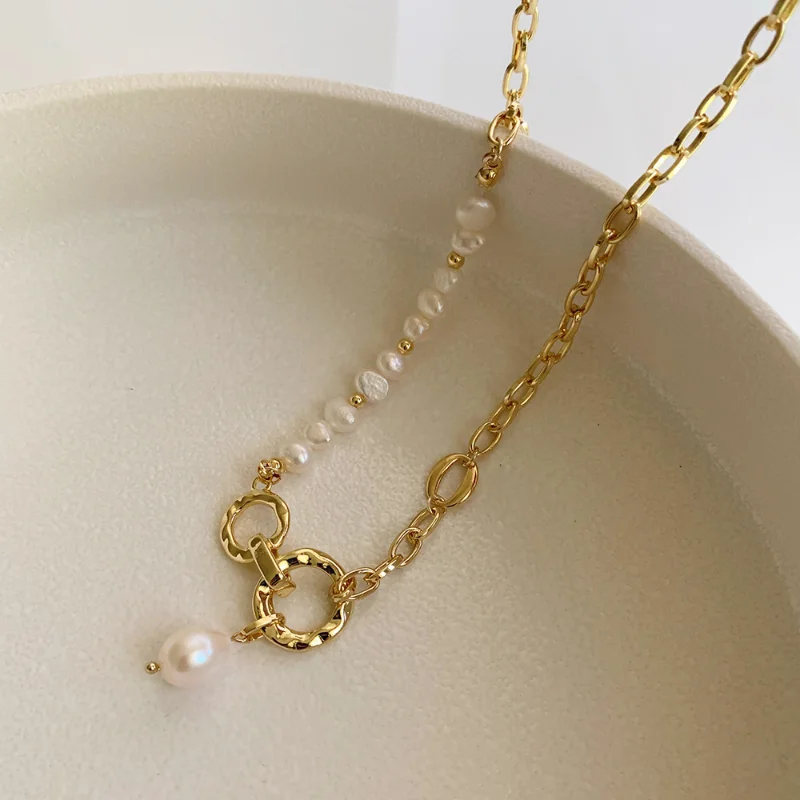 

Minar Fashion Baroque Freshwater Pearl Pendant Necklace for Women Punk Gold Circle Link Chain Choker Necklaces Clavicle Jewelry