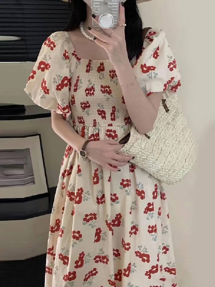 

Korean Chic Summer French Elegant One-word Collar Off-the-shoulder Pleated High-waisted Slim Puff-sleeved Long Dress Women