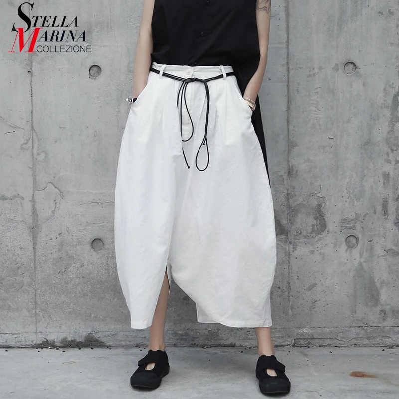 

New Woman Solid White Long Loose Fit Harem Pants Elastic Waist With Drawstring Girls Unique Japanese Style Casual Pants apw28