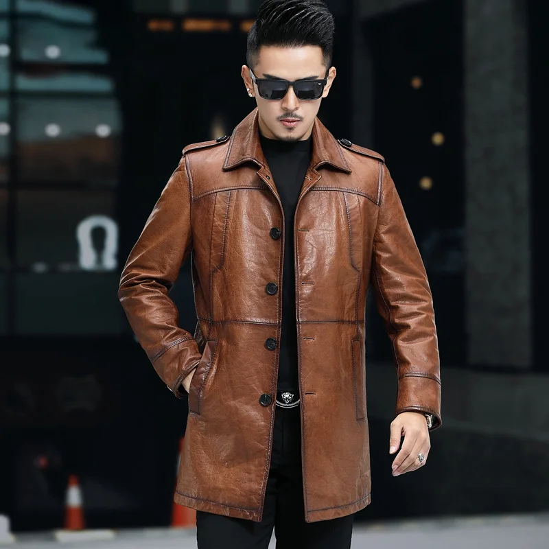 

Genuine Leather Jacket Men's Oil Wax Sheepskin Mid-length Single Breasted Windbreaker Lapel Leather Coat Casual Overcoat