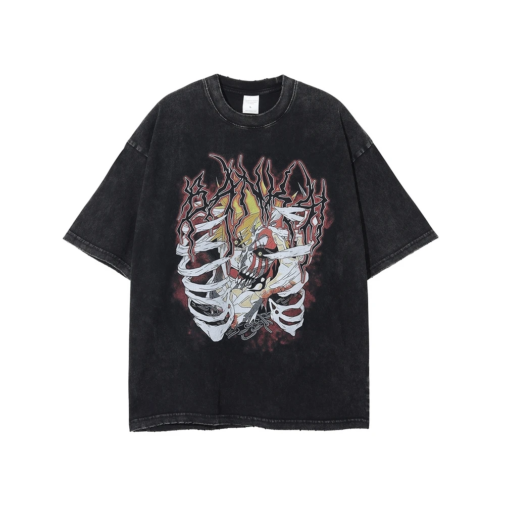 

Japan Style Cartoon Washed Black Vintage Anime T-Shirts Men Retro Harajuku Summer Oversized Cotton Tops Tees Streetwear Hip Hop