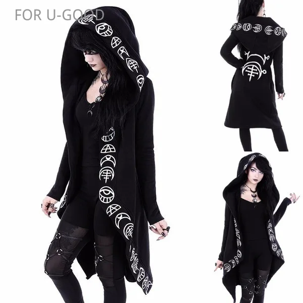 Hoodies Sweatshirts Casual Zipper Jacket Hooded Tops Female Autumn Winter Black Hoodies Gothic Punk Women Print Long Sleeve