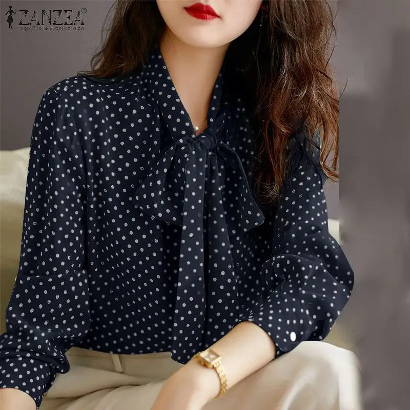 

ZANZEA O Neck Bow Tied Print Blouse Polka Dots Printed Office Lady Breasted Shirt Chic Chemise Blusas Tops New Women Vintage