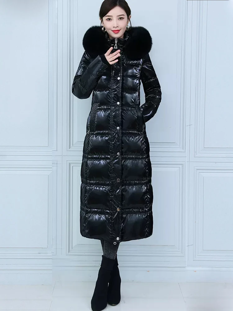 New Women Wash Free Down Coat Winter Fashion Glossy Surface Real Fox Fur Collar Drawstring Lengthened Thicken Warm Down Jacket