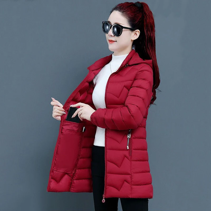 Elegant Warm Thin Cotton Padded Parkas Oversized 6XL Slim Hooded Thin Jacket Korean Long Sleeve Pocket Winter Coat Women Outwear