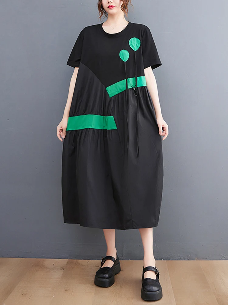 

Contrast Color Patchwork Drawstring Dresses For Women Short Sleeve Loose Casual Long Summer Dress Fashion Elegant Clothing 2022