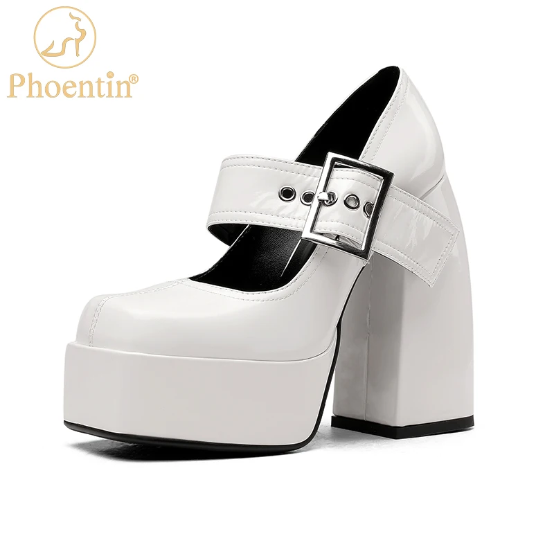 Phoentin Woman's White Black high Platform Mary Janes shoes Elegant  party Genuine Leather Square toe Pumps plus size 43 FT1884