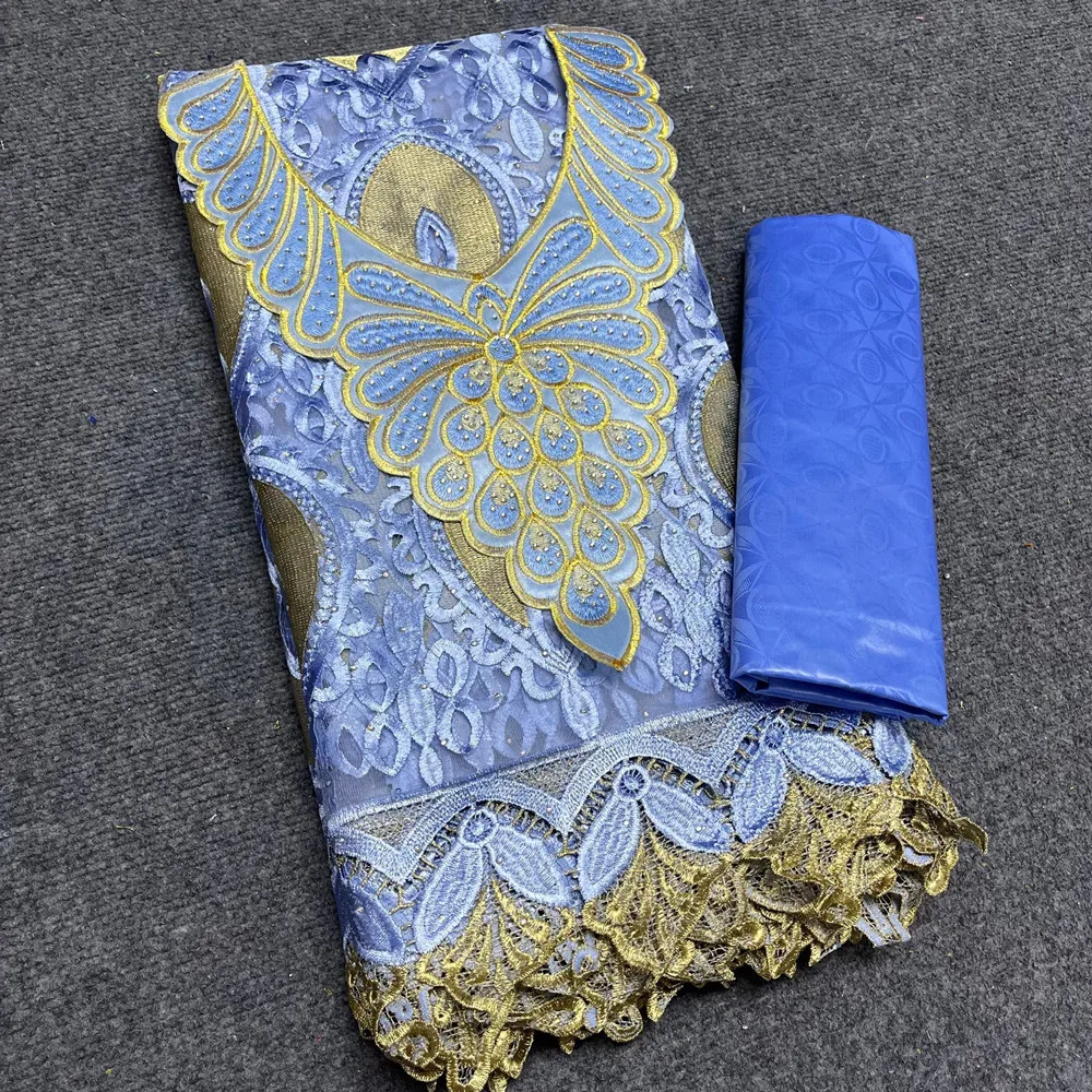 

Новый Африканский парфюм Bazin Вышивка высокого качества нигерийский французский сетчатый кружевной тканевый воротник для платья 2,5 + 2,5 ярдов