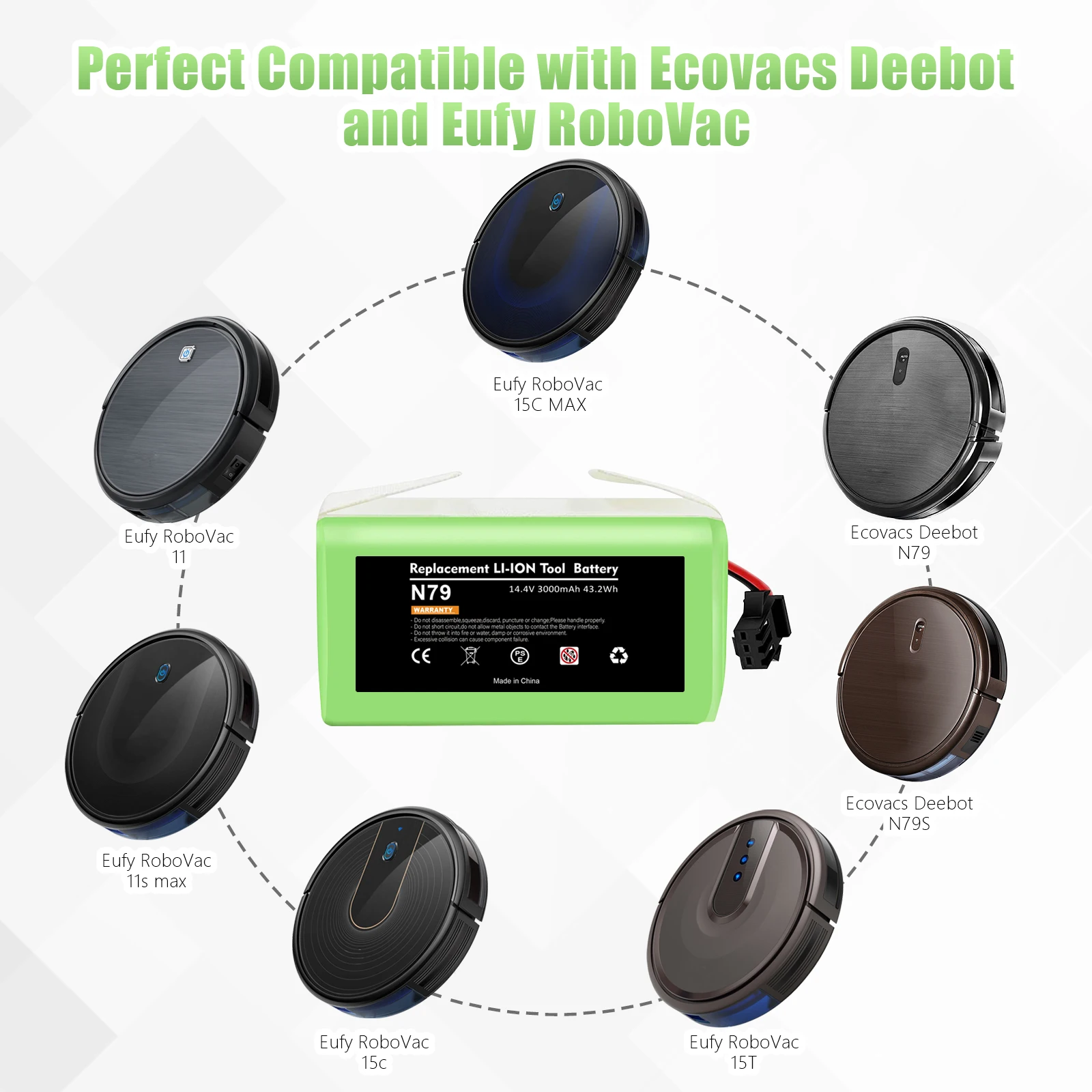 14.4V 3000mAh Li-ion Battery for Conga Excellence 950 990 1090 1790 1990 Deebot N79S N79 DN622 Eufy Robovac 30 35C Rechargeable