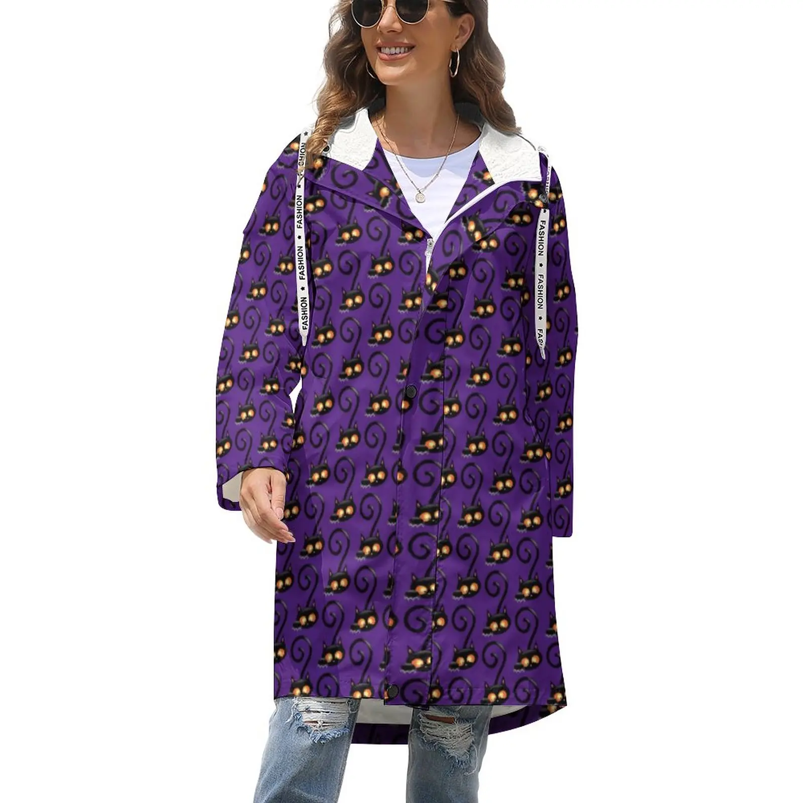 

Spooky Black Cat Thick Trench Coats Womens Happy Halloween Winter Coat Aesthetic Long Straight Graphic Zip Jackets 3XL 4XL 5XL