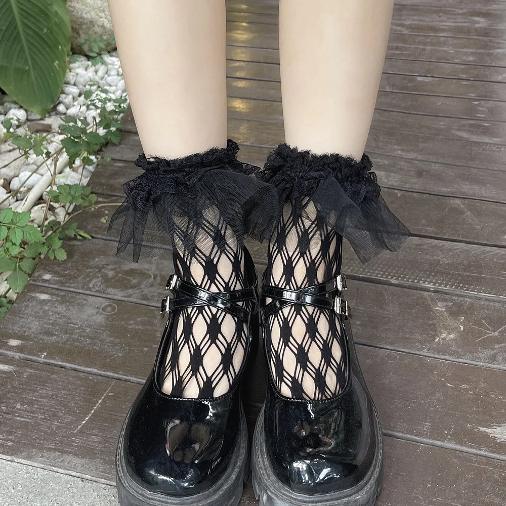 

Sexy Lace Mesh Fishnet Socks Black Mixed Fiber Transparent Stretch Elasticity Ankle Net Yarn Thin Women Cool Socks 1pair