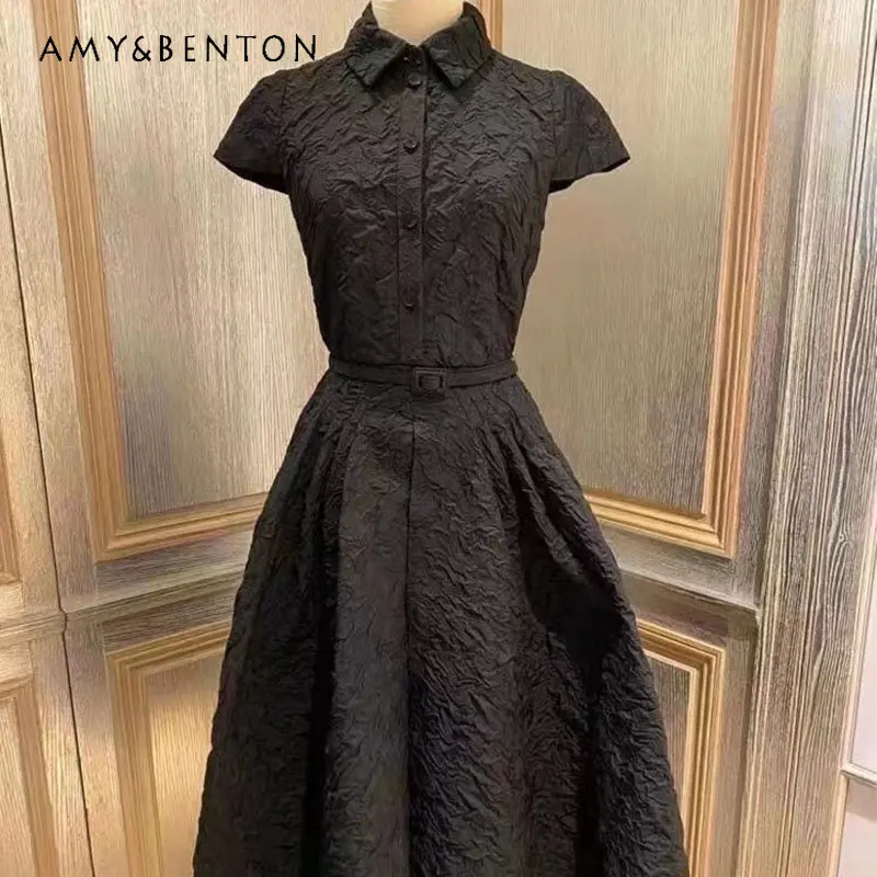 European Station 2023 Summer New Hepburn Style Elegant Black Short Sleeve Single-Breasted Elegant Jacquard Large Swing Dress