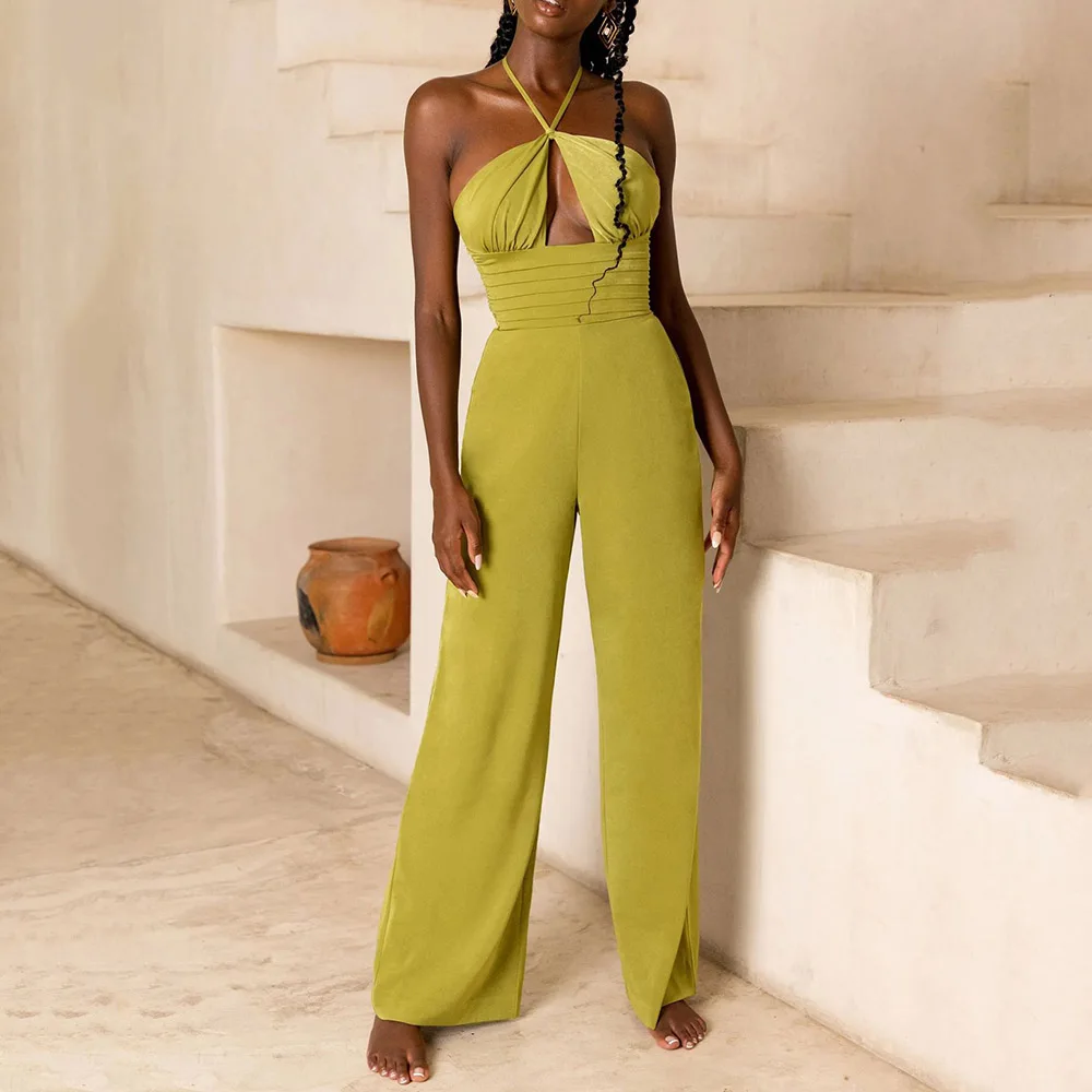 

2022 Spring Summer Women Clothes Sexy Party Hollow High Waist Halter One Piece Romper Female Beach Holiday Long Pants Jumpsuits