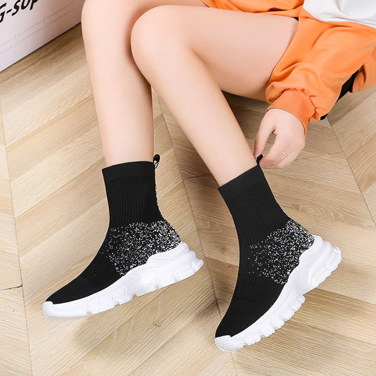 Women's Boots Free Shipping Sock 2022 Autumn Breathable Bling Rhinestone Solid Colors Ankle Casual Comfort Walk Shoes For Ladies