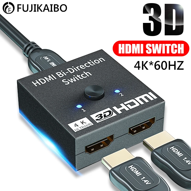 Conmutador compatible con HDMI, 3D, 4K, 2 puertos, bidireccional, HDR, HDCP, divisor,...
