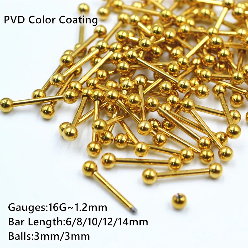 Lot50pcs 16G PVD золотистый/черный хирургический стальной язык/соска/строительные леса тонкий стержень прямые штанги для тела ювелирные изделия
