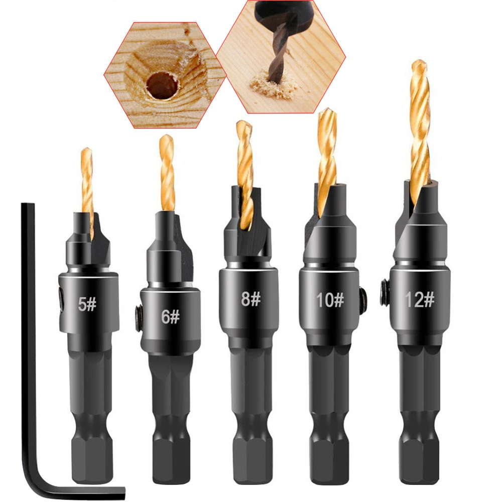 5pcs Countersink Drill Bit Carpentry Drill Set Drilling Pilot Holes For Screw Sizes #5 #6 #8 #10 #12 Drilling Woodworking Tools
