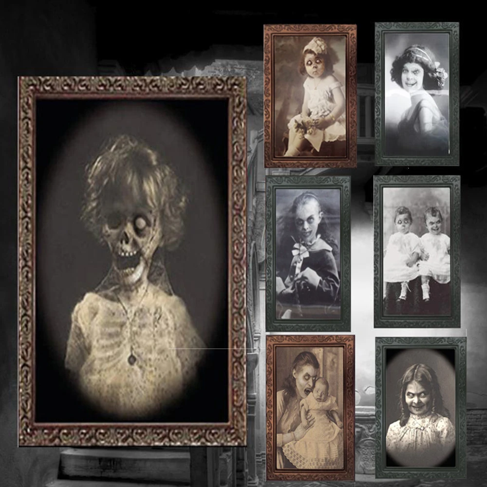 

38x25cm Halloween 3D Change Face Expression Moving Ghost Portrait Photo Frame Horror Party Castle Haunted House Decoration Props