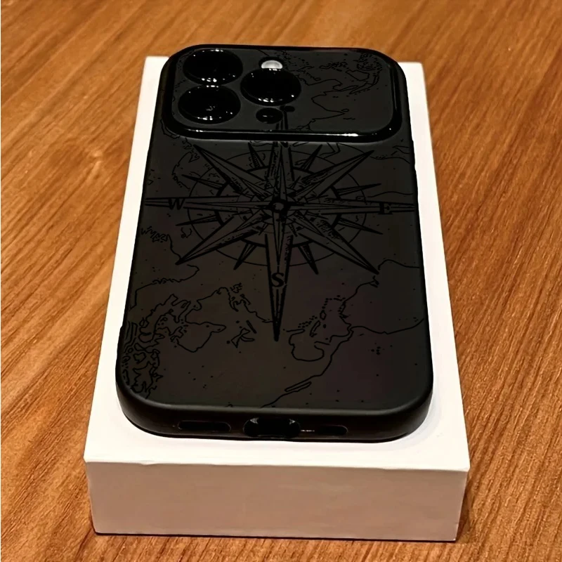 Фото Винтажный чехол для телефона с компасом и картой мира для iPhone 11 12 13 14 Pro 15 Pro Max 16 Plus 17 X XS XR, черный матовый, широкоугольный, мягкий чехол №4