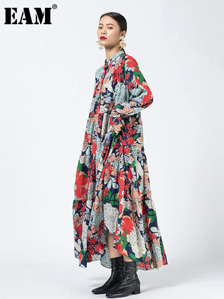 [EAM] женское длинное платье с принтом большой размер новинка воротник-стойка