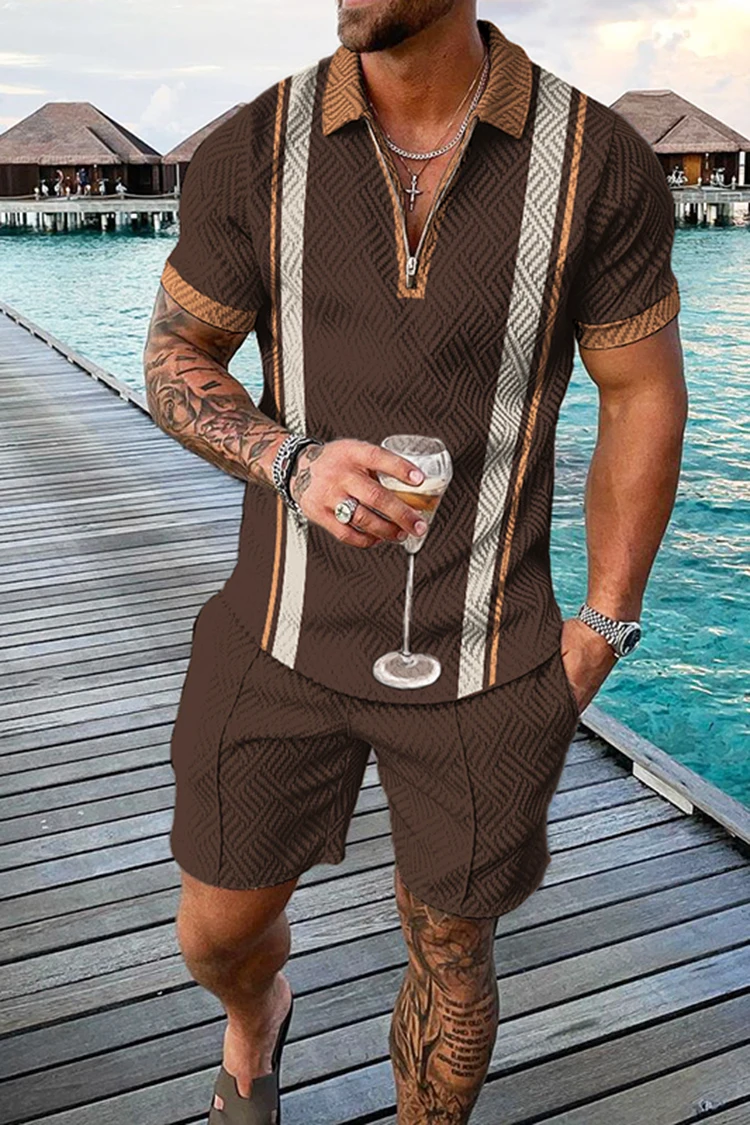 Men's Polo Shirts&Shorts 2 Piece Sets Lion Print Casual Suit Zipper Lapel T-shirt Short Sleeve Tracksuit Male Jogger Outfits