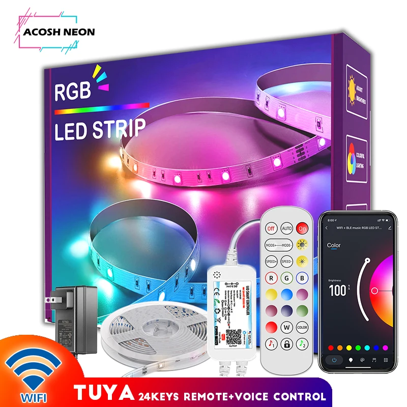 RGB Smart Strip Lights LED Work with Alexa Google Assistant RGB LED Lights Flexible Waterproof LED Strip with Remote for Home