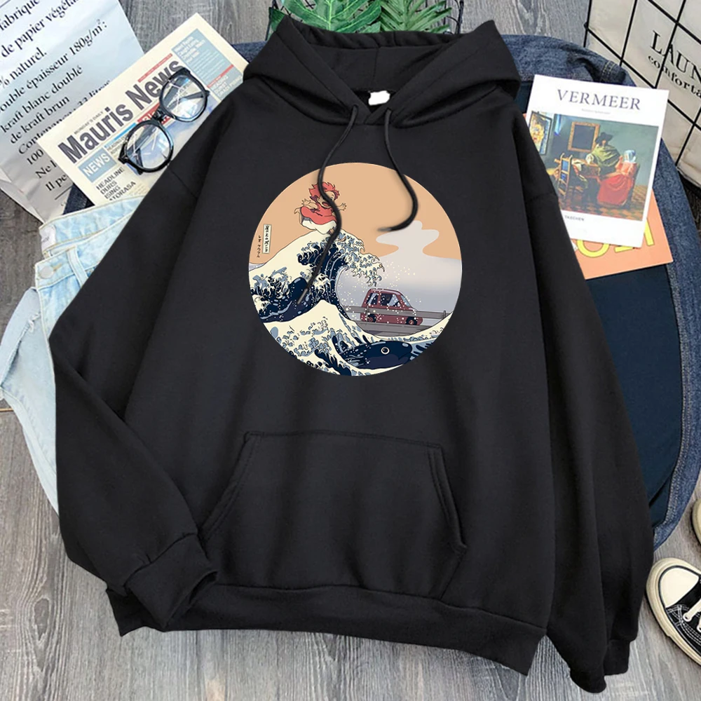 

Свитшот унисекс с мультяшным принтом "Великая волна", повседневный Свободный пуловер в японском стиле Харадзюку, флисовый пуловер с капюшон...