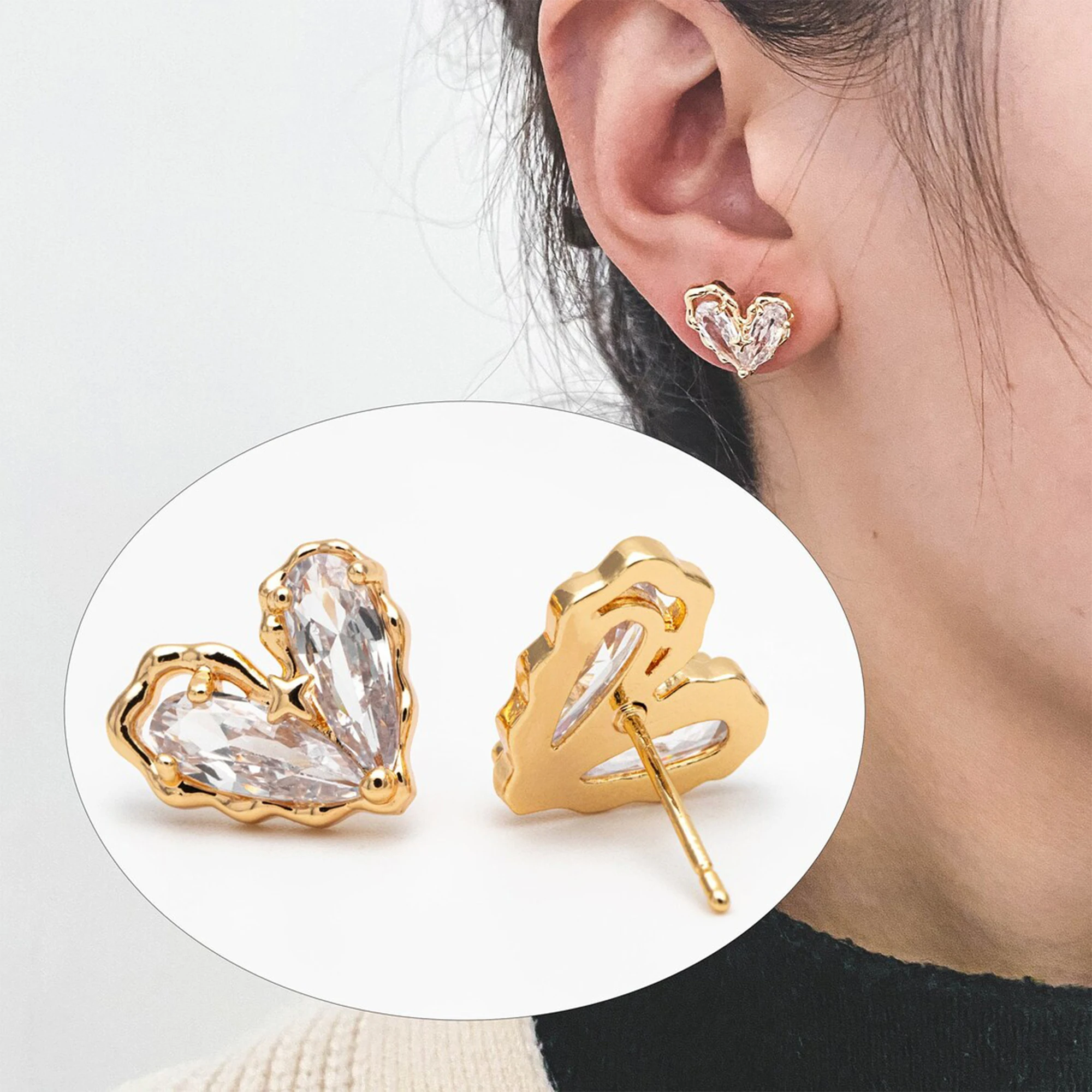 

4pcs CZ Pave Heart Ear Posts, Gold Plated Brass Stud Earrings, For Jewelry Making Diy Accessories Findings (GB-3571)